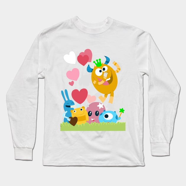 Cute monsters group in love with pink heart. Long Sleeve T-Shirt by 9georgeDoodle